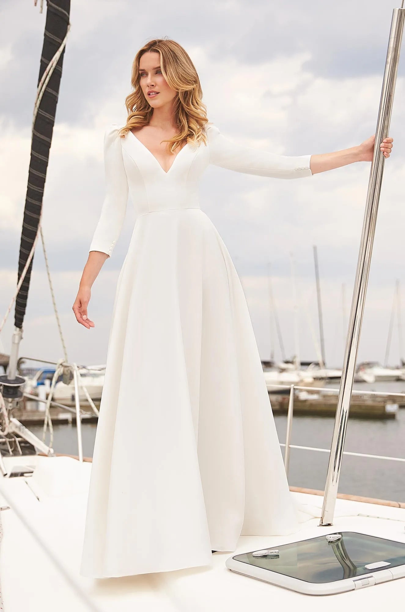 mikaella long sleeve wedding dress Mikaella 2235 Wedding Dress Crepe Fit and Flare Bridal Gown with V Neckline, Long Sleeves, and Open Keyhole Back Size 10 Luxe Redux Bridal
